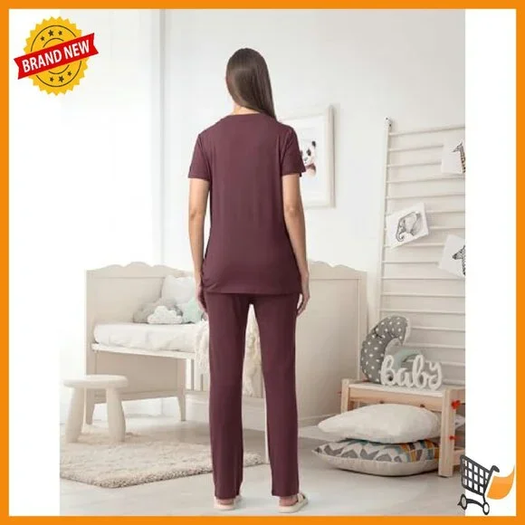 Maternity Nursing Pajama Set V-Neck Breastfeeding Sleepwear with Pockets